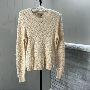 J. Crew Pointelle Crewneck Fringe Detail Open Knit Warm Sesame Sweater S NWT